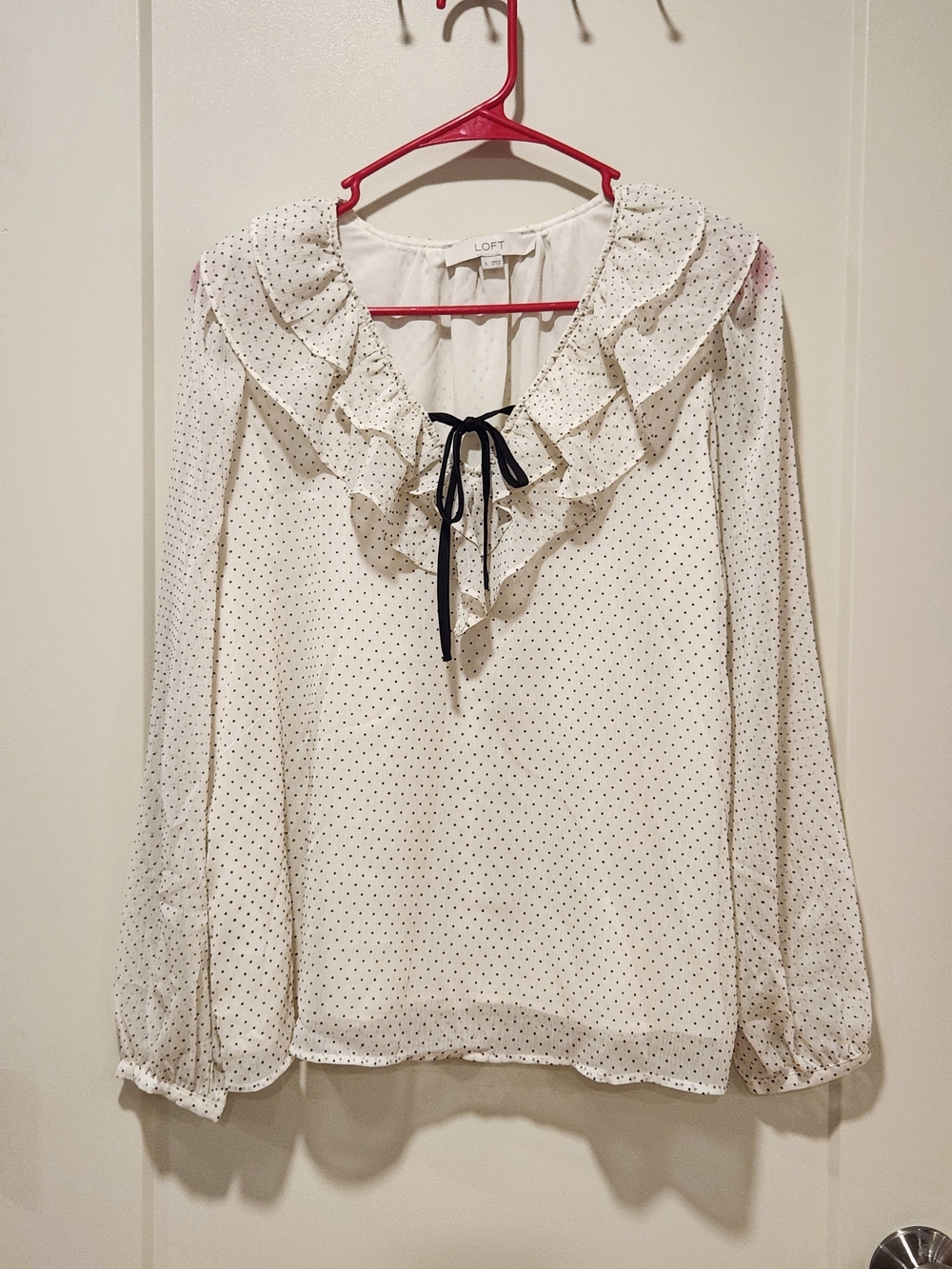 LOFT White Polka Dot Ruffled Tie-Neck Blouse Size Small